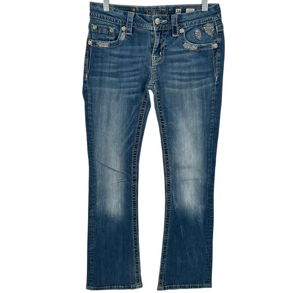 VTG y2k Womens Low Rise Bedazzled Miss Me Blue Denim Signature Bootcut Jeans~ 28 - Picture 2 of 8